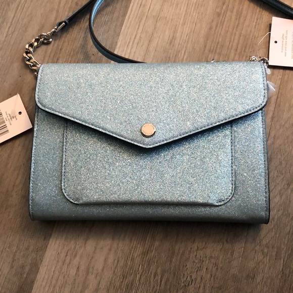 Kate Spade Tinsel Glitter Fabric Flap Crossbody Color Frosty Sky NWT - Picture 3 of 16